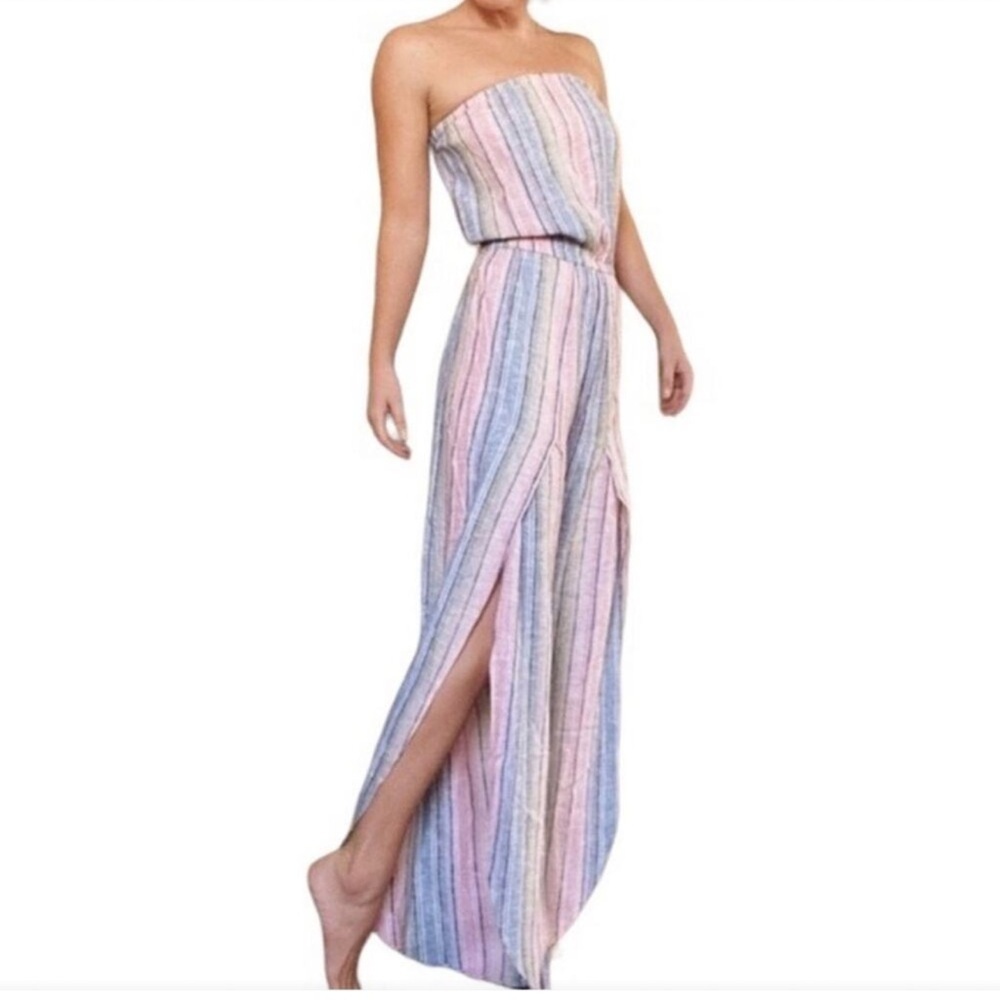 Anthropologie DREW Pink and Blue Strapless Sundress with Slits Linen Cotton